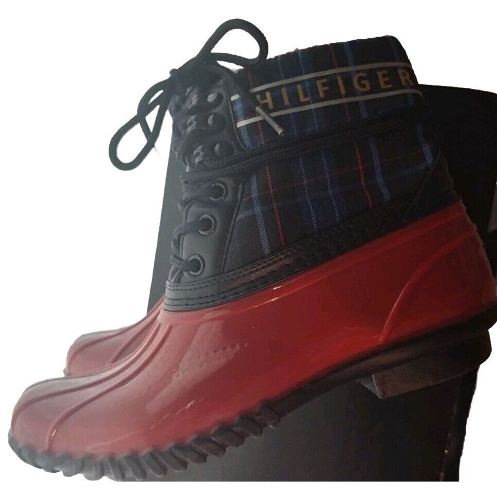 TOMMY HILFIGER Women's Navy Plaid Front‎ and Eyelet Hessa Duck Boots 6 M - Picture 2 of 3